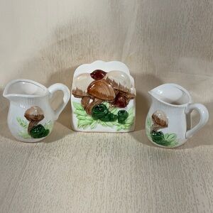1970’s Frog & Mushroom Napkin Holder & 2 Creamers